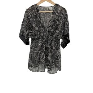 Duo Maternity Black White Dotted Floral Print Kimono Sleeve Cover Up Tunic M‎